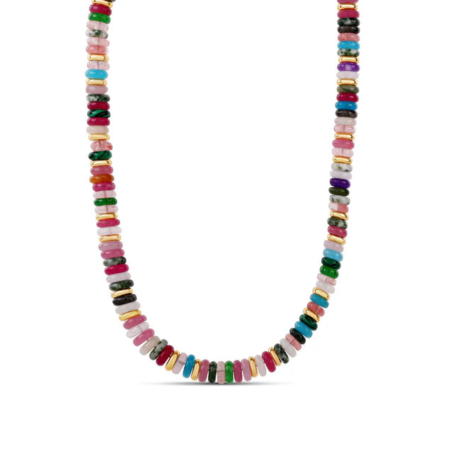 18k gold plated over brass 

Multicolor earth tones pukka necklace with gold disks in between 

12 inches plus a 4 inch extension chain 