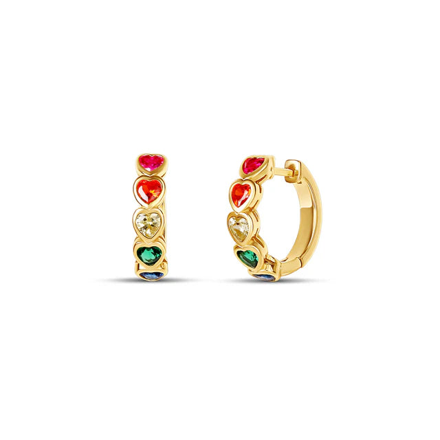 18k gold plated over sterling silver 
Heart shaped color cubic zirconia stones 
Huggie: 14 mm 