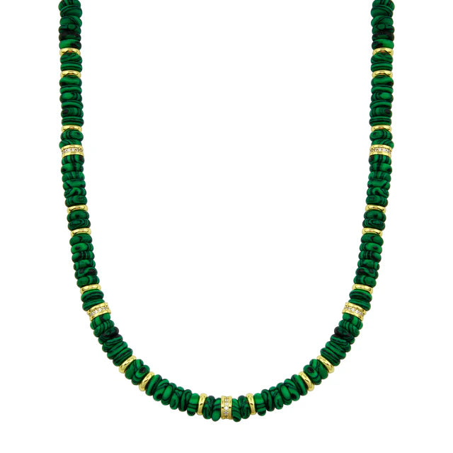 18k gold plated over brass 

Malachite beads with gold disks in between with cubic zirconia 

12 inches plus a 4 inch extension chain 