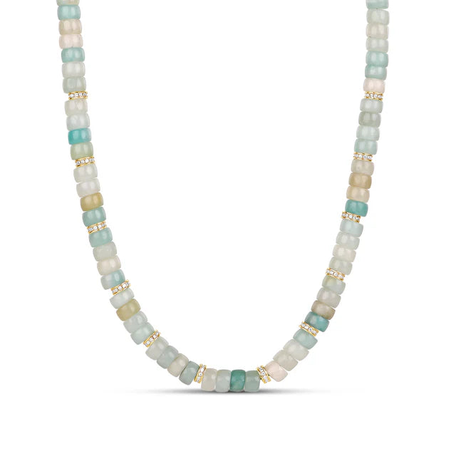 
• Natural sage and seafoam-toned stone beads
• Signature pavé crystal spacer accents
• 18K Gold PVD plated details
• Waterproof & sweat-resistant
• Non-tarnish & hypoallergenic
• Lightweight and comfortable for daily wear
• Durable and long-lasting construction
• Length: 13.5 inches plus 4 inch extension 