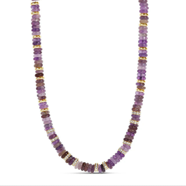 18k gold plated over brass

Length: 12 inches plus a 4 inch extension chain

Amethyst pukka stones with cubic zirconia rondelle's 

 